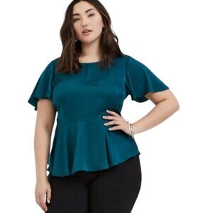 Torrid Charmeuse Whismigoth Satin Fairy Peplum Babydoll Dark Teal Blouse 3X